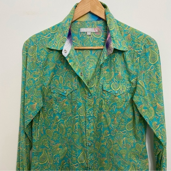 Tin Haul blouse summer spring 100% cotton light snap button down shirt green - Picture 5 of 15
